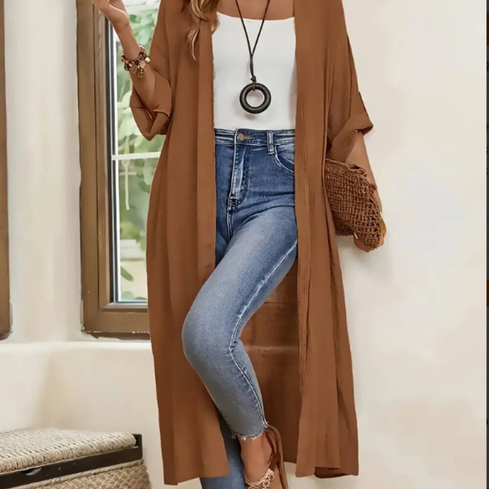 Elegant Long Cardigan Lightweight Open Front Sweater for Office & Outings Size M - Picture 2 of 3